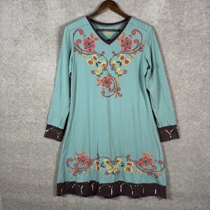 Double D Ranch Dress Womens Small Green Embroidered Floral Sequin Boho Tunic‎